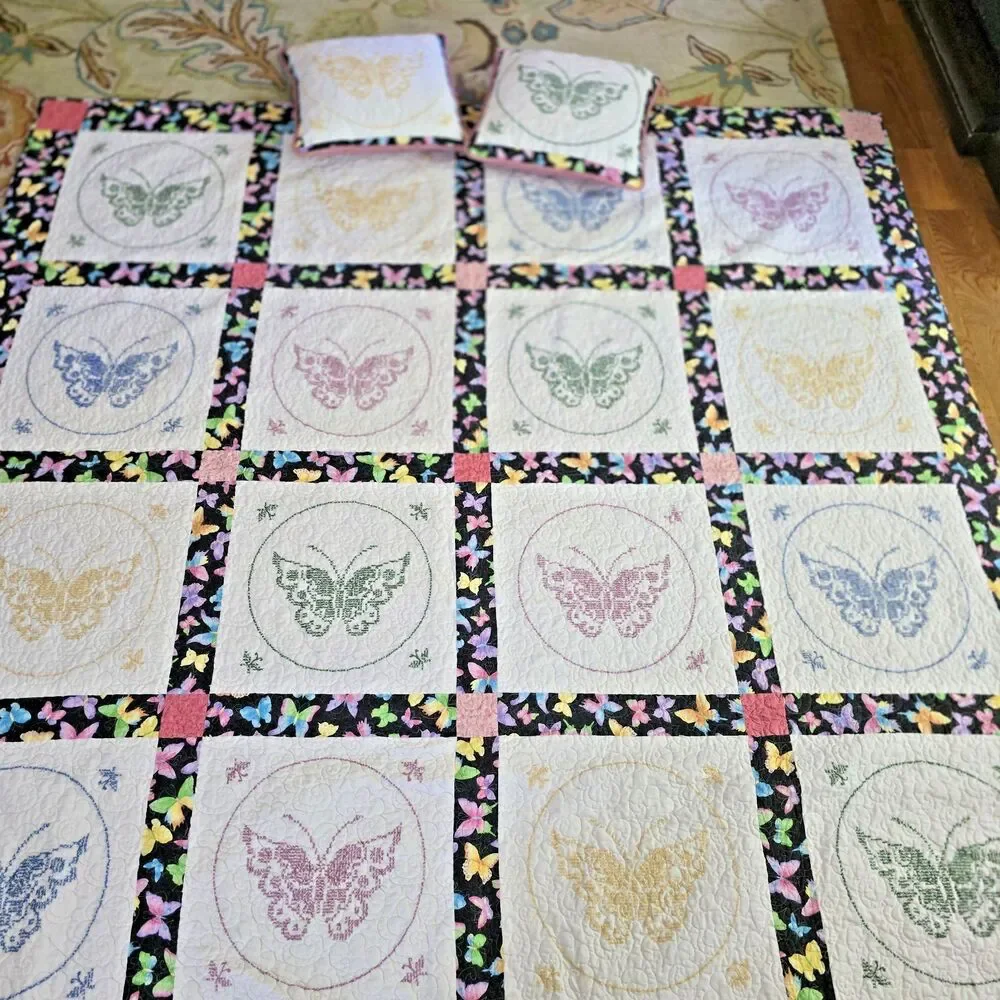 Handmade Quilt Set 80x80 Cross Stitch Butterflies w/ Matching Pillows Girls Room
